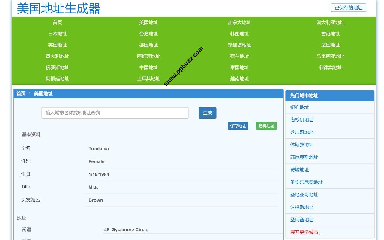 美国虚拟地址生成器，可用于注册一些需要填写身份信息的网站